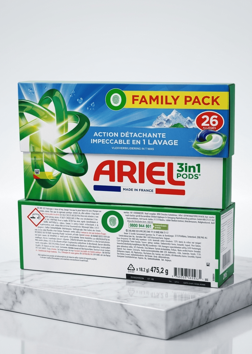 26 pods lessive Ariel 3en1 pack familial action détachante