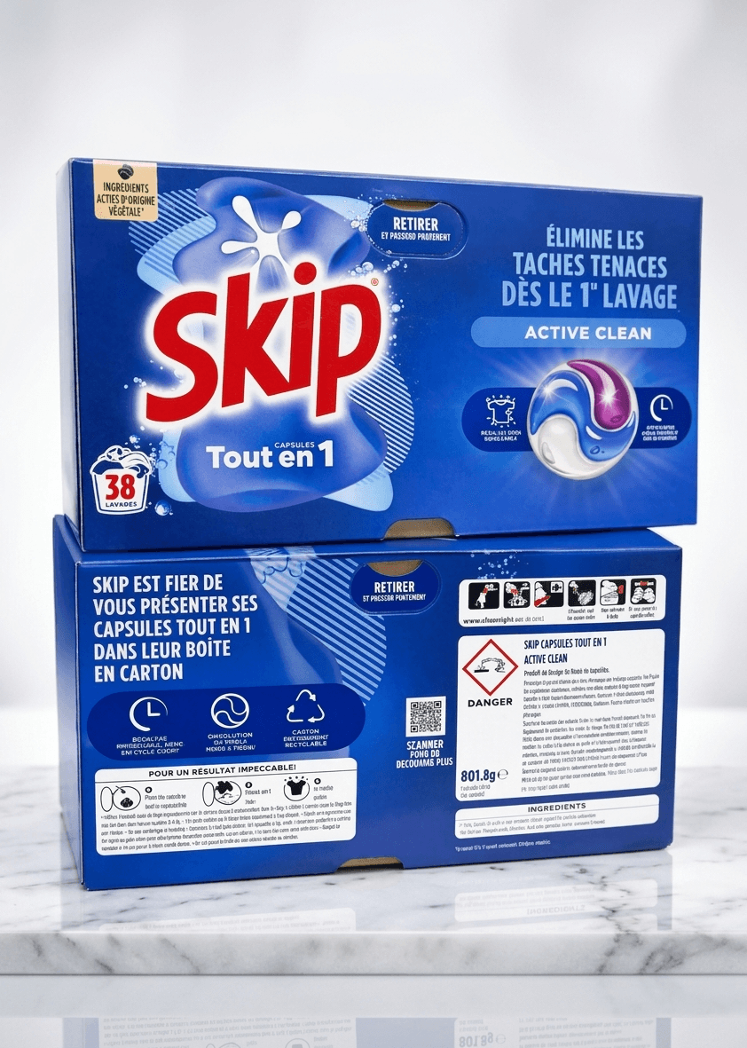 38 pods lessive Skip tout en 1 Active Clean élimine les taches tenaces