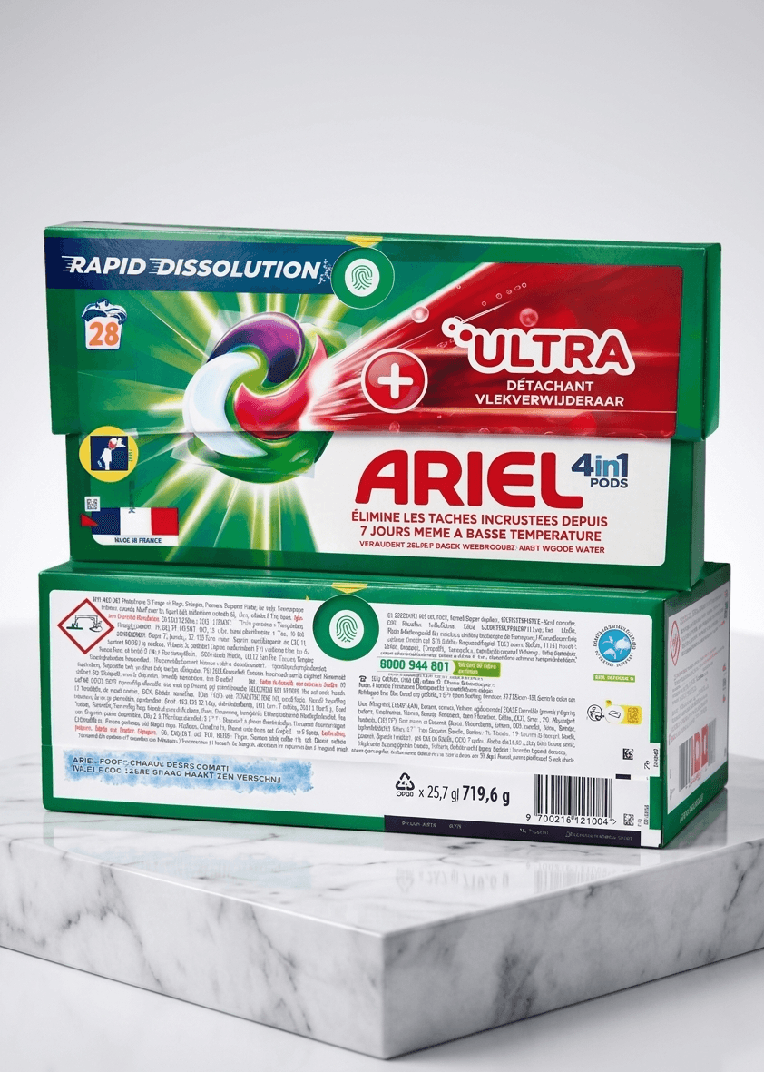 28 pods lessive Ariel 4en1 ultra détachant dissolution rapide