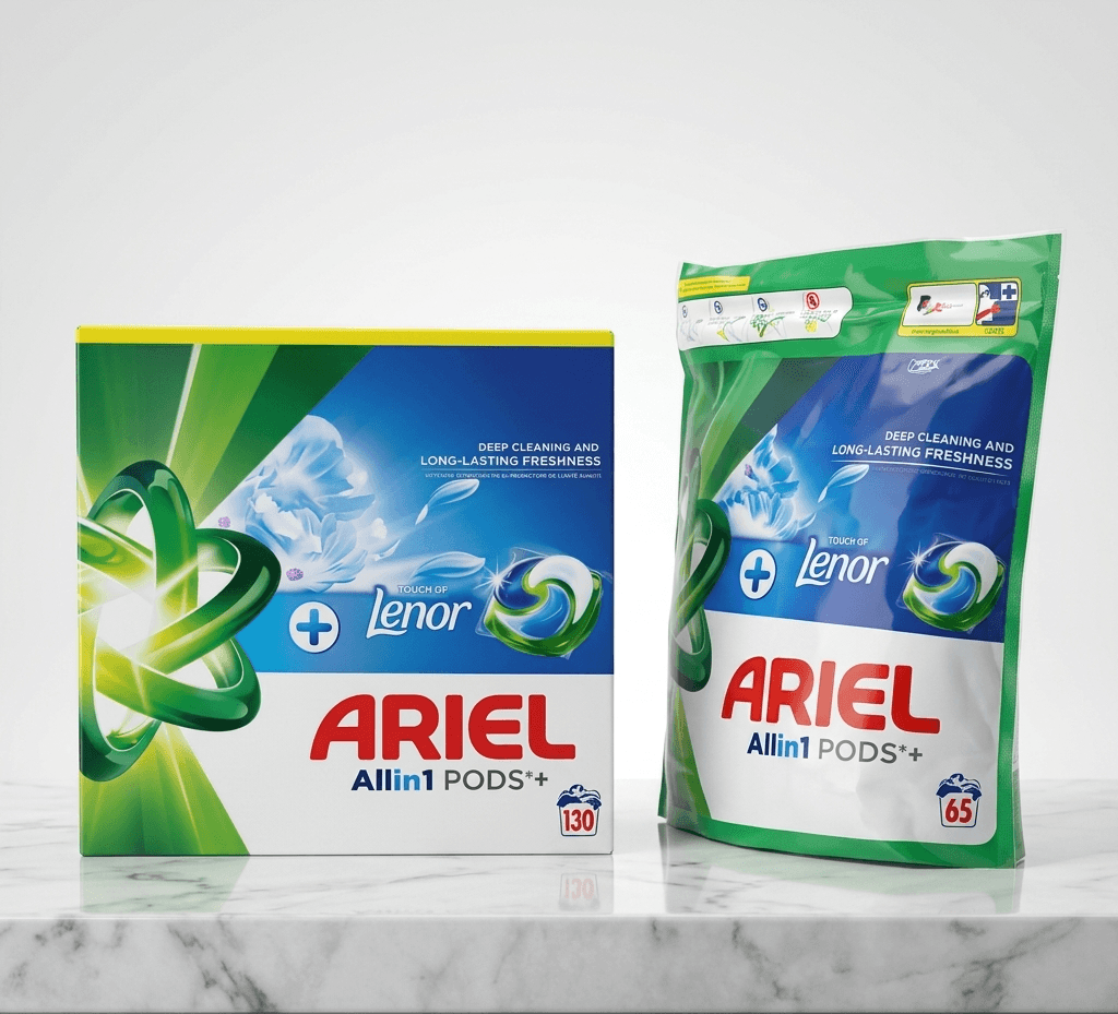65 pods lessive Ariel all in 1 Pods + touch of Lenor nettoyage & fraîcheur longue durée